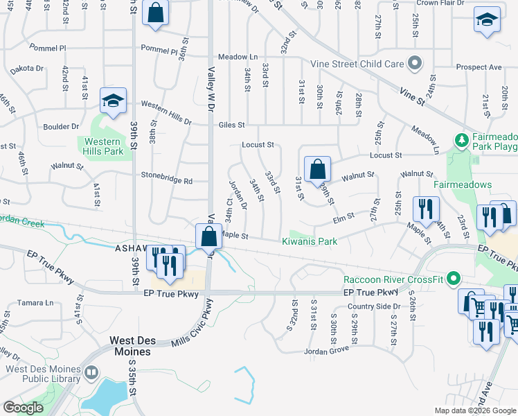 map of restaurants, bars, coffee shops, grocery stores, and more near 220 34th Street in West Des Moines