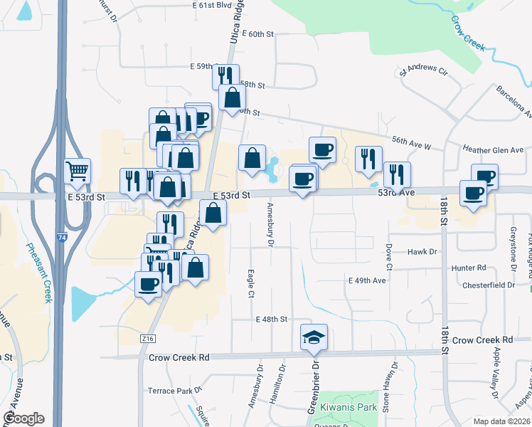 map of restaurants, bars, coffee shops, grocery stores, and more near 5212 Amesbury Drive in Davenport