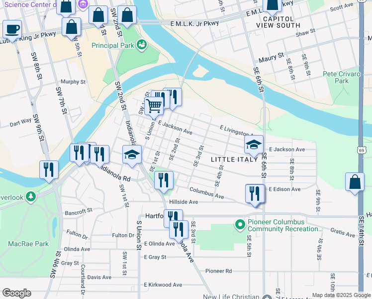 map of restaurants, bars, coffee shops, grocery stores, and more near 223 East Granger Avenue in Des Moines