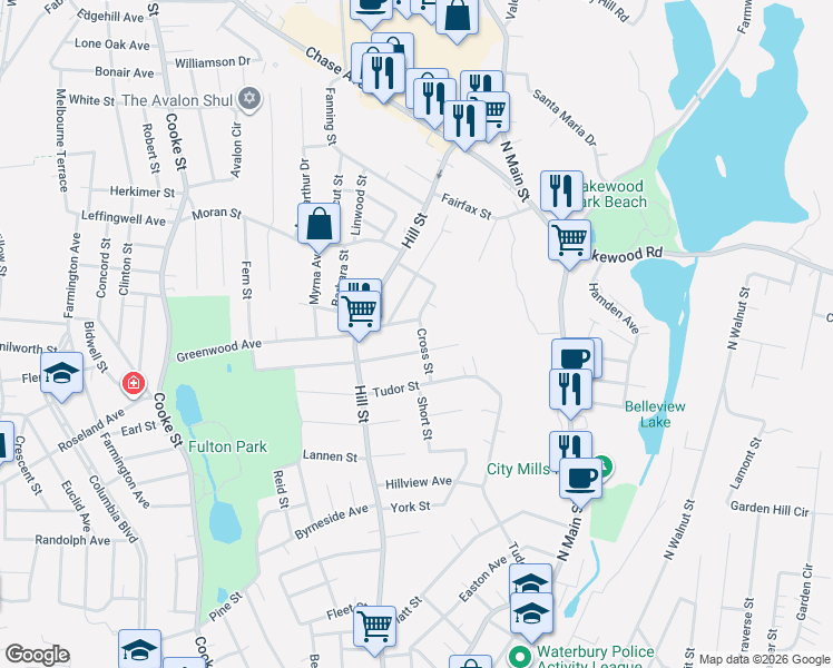 map of restaurants, bars, coffee shops, grocery stores, and more near 51 Cross Street in Waterbury