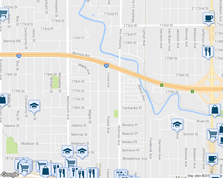 map of restaurants, bars, coffee shops, grocery stores, and more near 7647 Forest Avenue in Munster