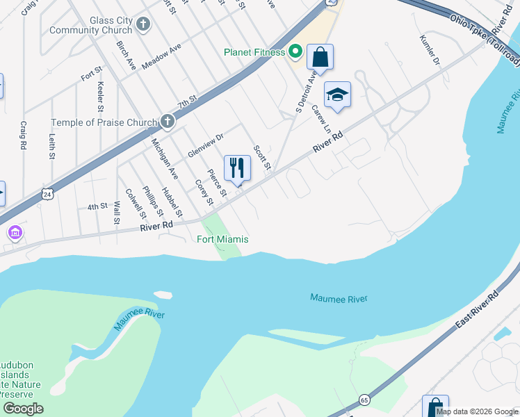 map of restaurants, bars, coffee shops, grocery stores, and more near 2210 River Road in Maumee