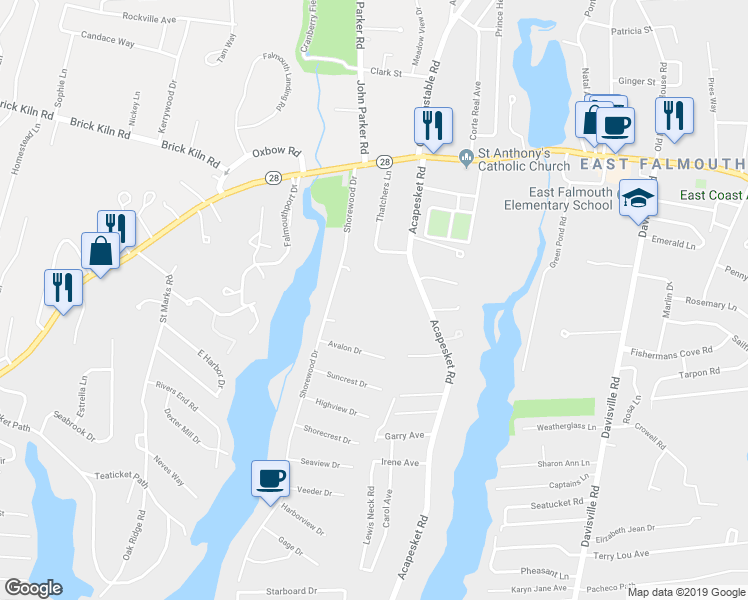 map of restaurants, bars, coffee shops, grocery stores, and more near 2 Lewis Street in Falmouth
