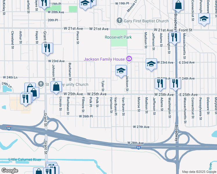 map of restaurants, bars, coffee shops, grocery stores, and more near 2444 Harrison Street in Gary