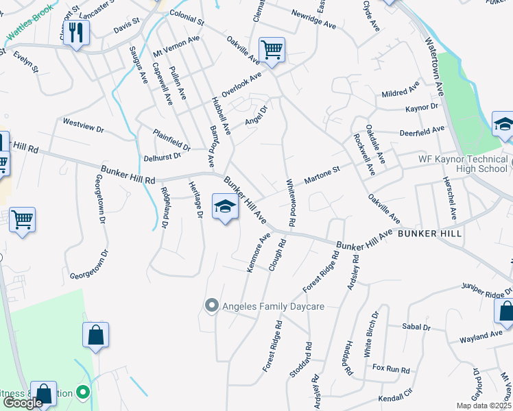 map of restaurants, bars, coffee shops, grocery stores, and more near 842 Bunker Hill Ave in Waterbury