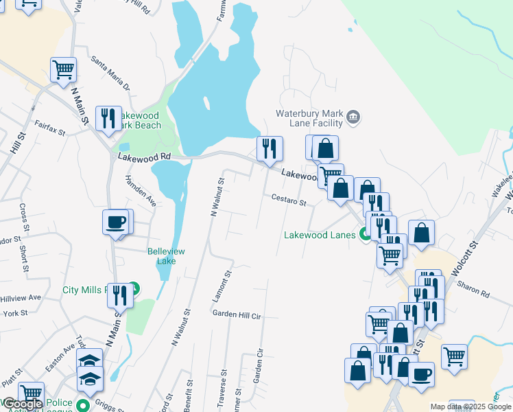 map of restaurants, bars, coffee shops, grocery stores, and more near 70 Cushman Street in Waterbury
