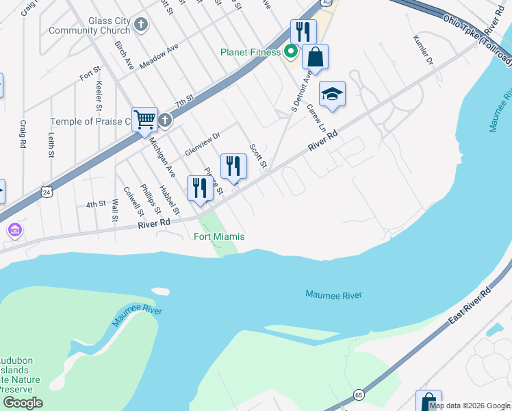 map of restaurants, bars, coffee shops, grocery stores, and more near 2210 River Road in Maumee