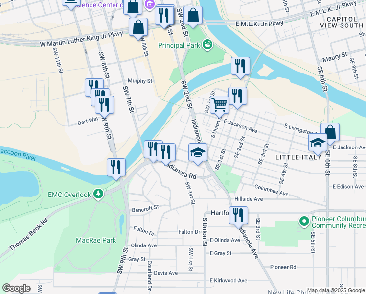 map of restaurants, bars, coffee shops, grocery stores, and more near 1817 Southwest 2nd Street in Des Moines