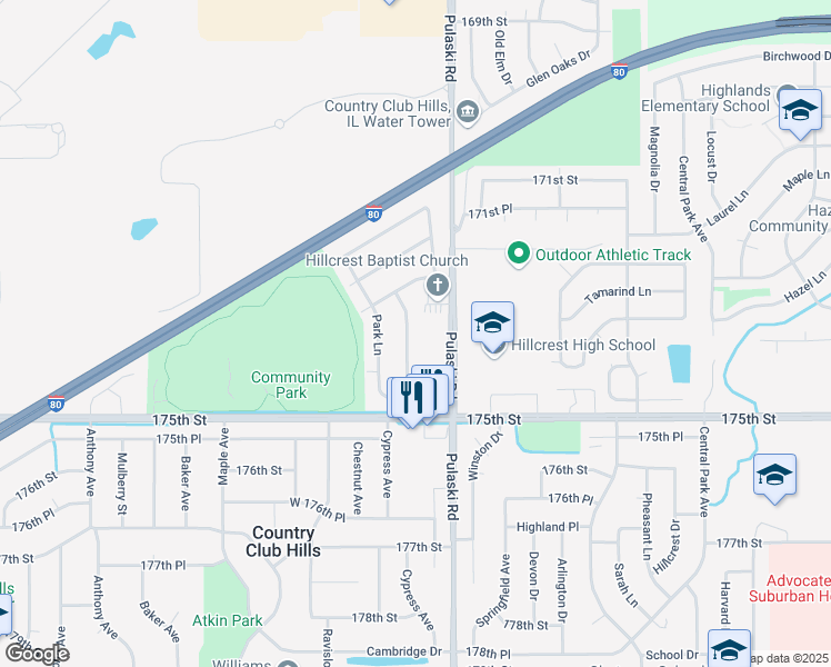 map of restaurants, bars, coffee shops, grocery stores, and more near 17473 Eastgate Drive in Country Club Hills
