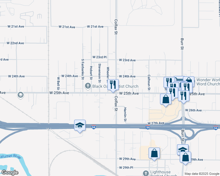map of restaurants, bars, coffee shops, grocery stores, and more near 2467 Wheeler Street in Gary