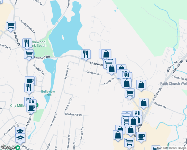 map of restaurants, bars, coffee shops, grocery stores, and more near 22 Gilman Street in Waterbury