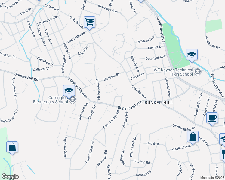 map of restaurants, bars, coffee shops, grocery stores, and more near 87 Kenfield Lane in Waterbury