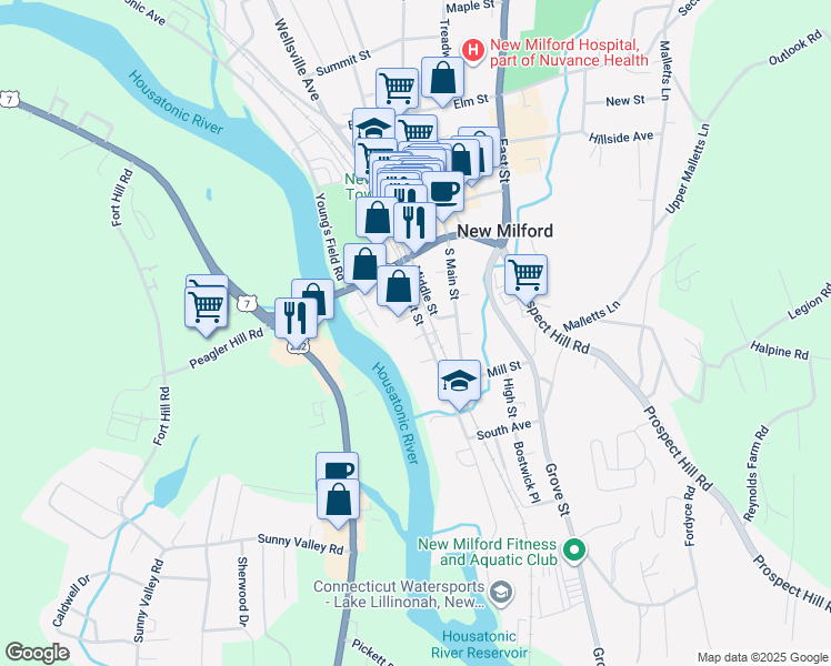 map of restaurants, bars, coffee shops, grocery stores, and more near 45 West Street in New Milford