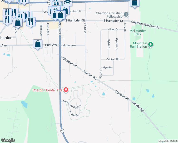 map of restaurants, bars, coffee shops, grocery stores, and more near 209 Claridon Road in Chardon