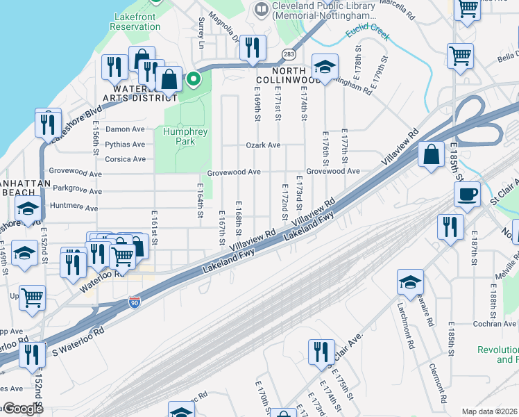 map of restaurants, bars, coffee shops, grocery stores, and more near 1238 East 169th Street in Cleveland