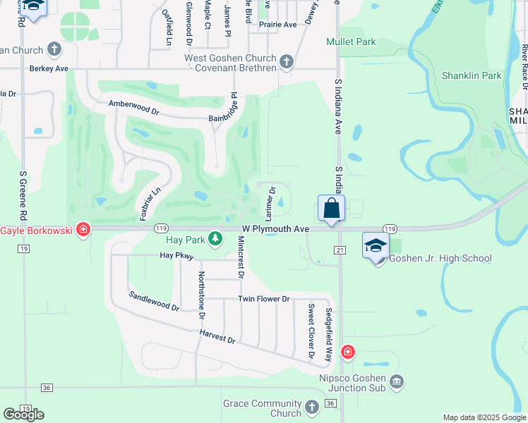 map of restaurants, bars, coffee shops, grocery stores, and more near 1011 Larimer Drive in Goshen
