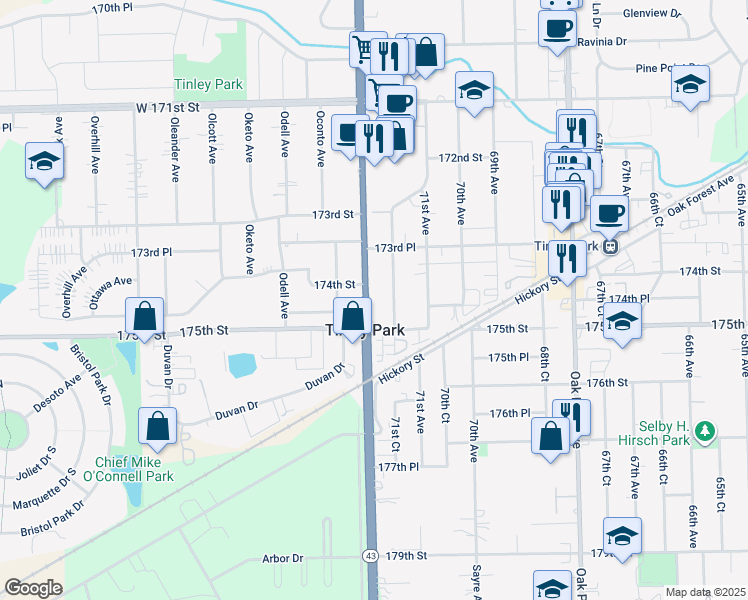 map of restaurants, bars, coffee shops, grocery stores, and more near 17412 South Harlem Avenue in Tinley Park