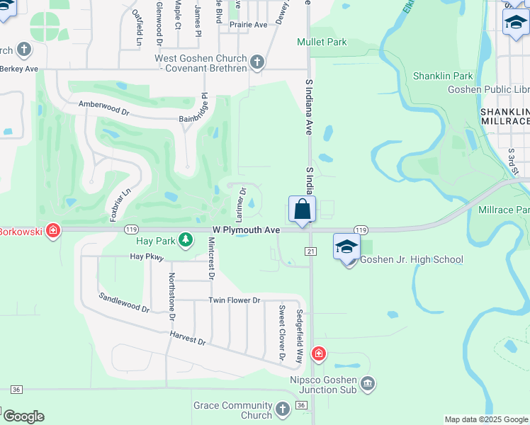 map of restaurants, bars, coffee shops, grocery stores, and more near 1135 Oxford Ct in Goshen