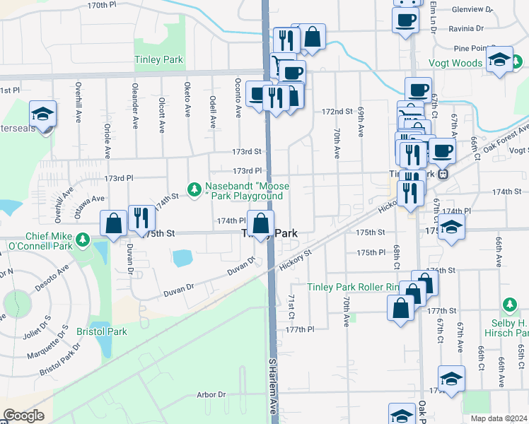 map of restaurants, bars, coffee shops, grocery stores, and more near 17412 South Harlem Avenue in Tinley Park