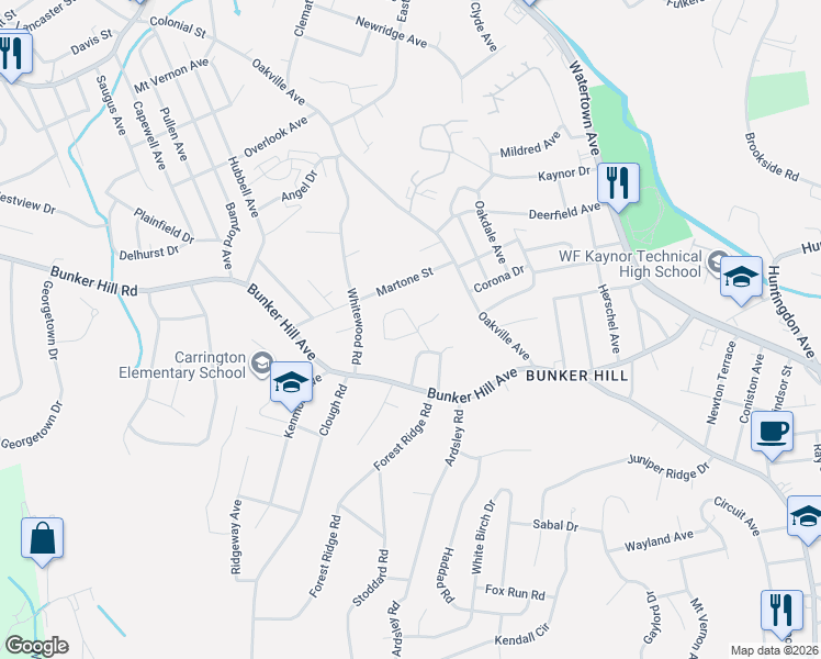 map of restaurants, bars, coffee shops, grocery stores, and more near 87 Kenfield Lane in Waterbury
