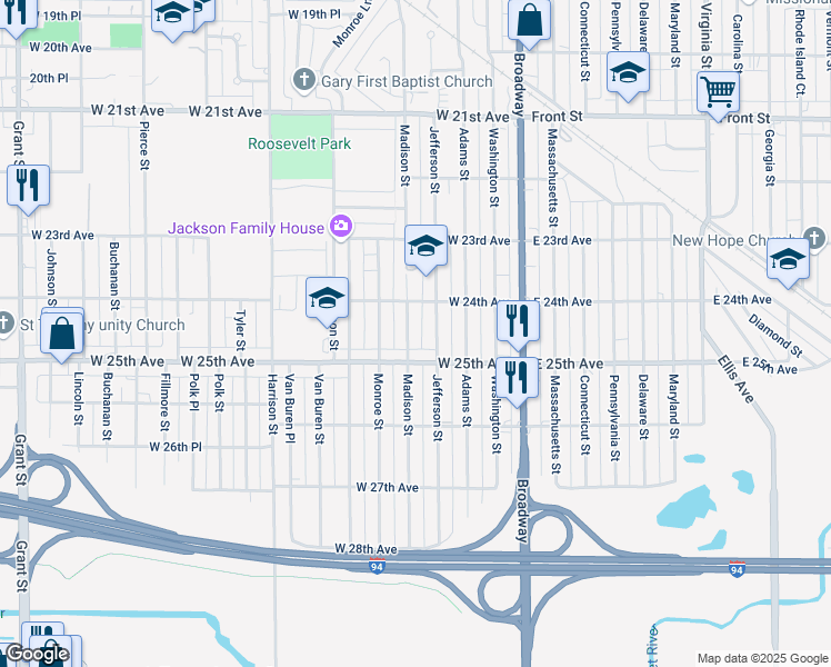 map of restaurants, bars, coffee shops, grocery stores, and more near 2436-2440 Jefferson Street in Gary