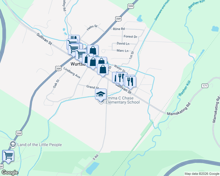 map of restaurants, bars, coffee shops, grocery stores, and more near 19 Pennsylvania Avenue in Wurtsboro