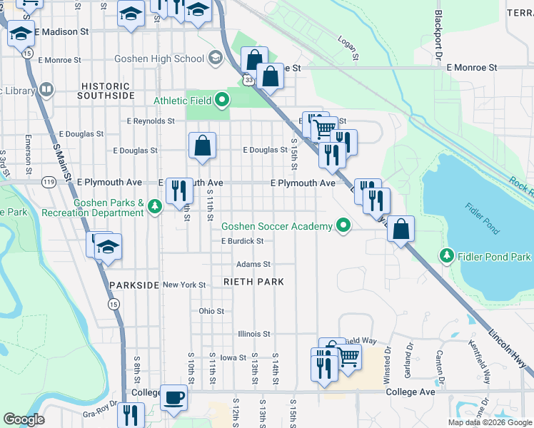 map of restaurants, bars, coffee shops, grocery stores, and more near 1004 South 14th Street in Goshen