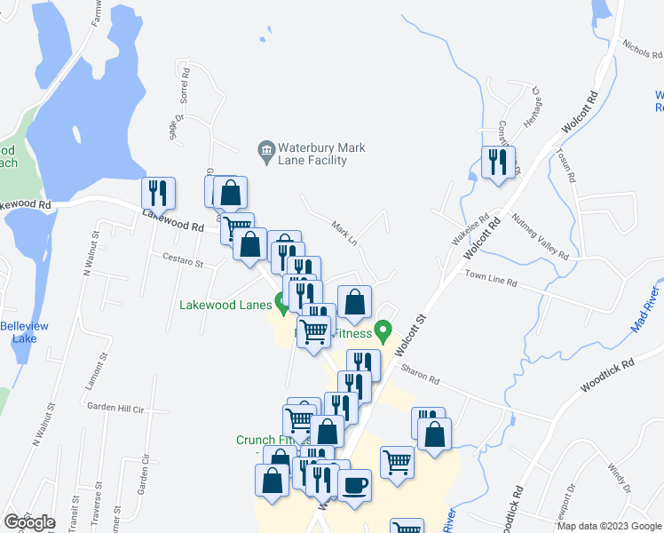 map of restaurants, bars, coffee shops, grocery stores, and more near 26 Craftwood Road in Waterbury