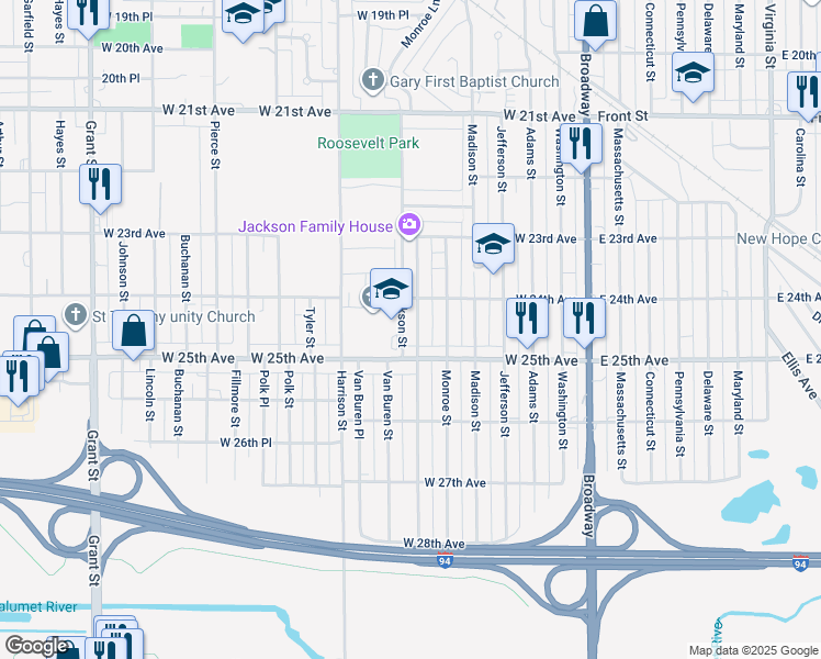 map of restaurants, bars, coffee shops, grocery stores, and more near 2436 Jackson Street in Gary
