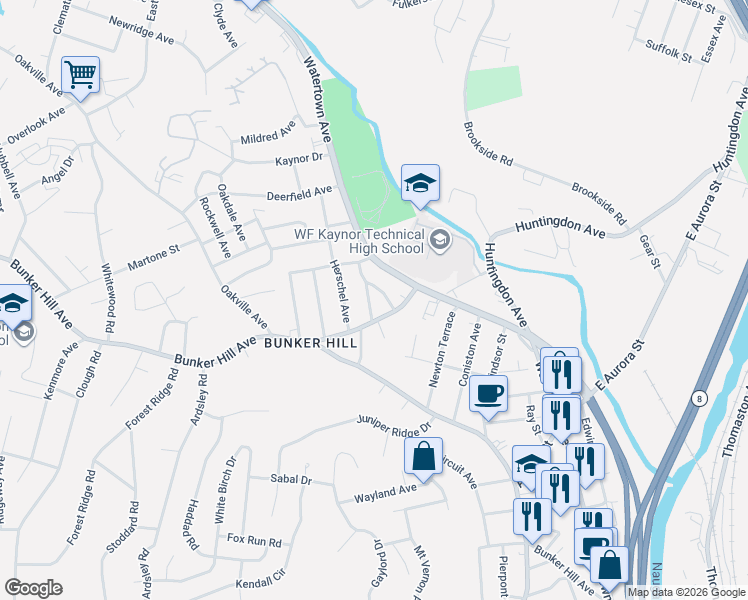 map of restaurants, bars, coffee shops, grocery stores, and more near 32 Glenview Avenue in Waterbury