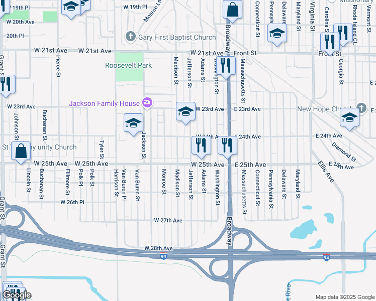 map of restaurants, bars, coffee shops, grocery stores, and more near 2436 Jefferson Street in Gary