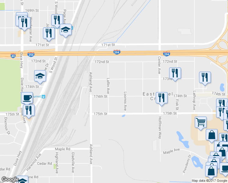 map of restaurants, bars, coffee shops, grocery stores, and more near 1424 174th Street in Hazel Crest