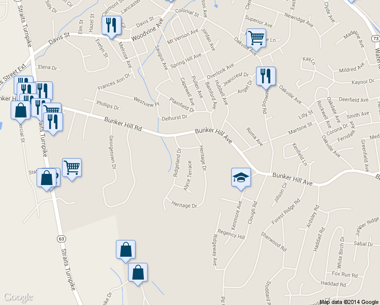 map of restaurants, bars, coffee shops, grocery stores, and more near 25 Crestview Lane in Waterbury