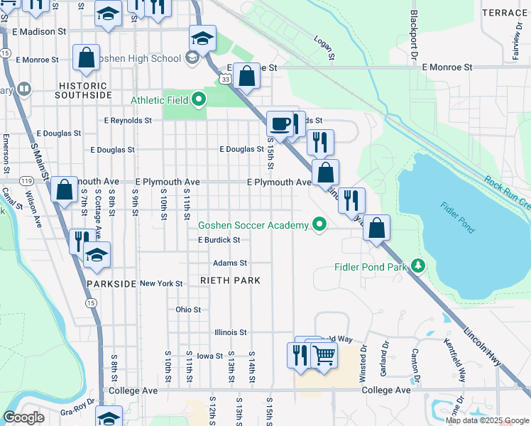 map of restaurants, bars, coffee shops, grocery stores, and more near 1004 South 15th Street in Goshen