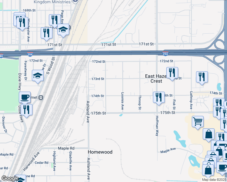 map of restaurants, bars, coffee shops, grocery stores, and more near 1424 174th Street in Hazel Crest