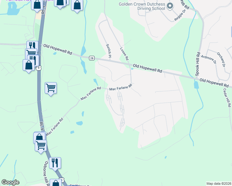 map of restaurants, bars, coffee shops, grocery stores, and more near 8 Scarborough Lane in Wappingers Falls