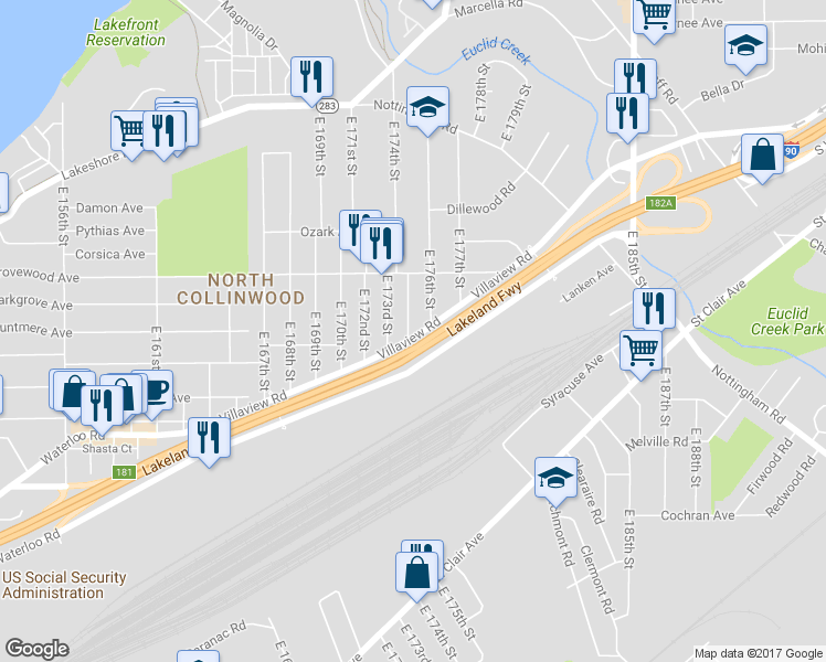 map of restaurants, bars, coffee shops, grocery stores, and more near 1231 East 175th Street in Cleveland