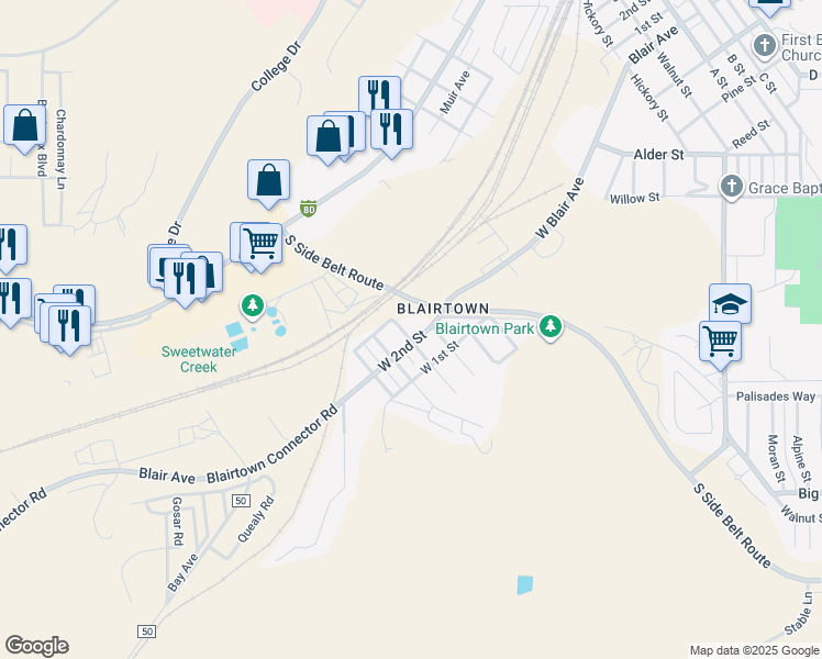 map of restaurants, bars, coffee shops, grocery stores, and more near 1310 West 2nd Street in Rock Springs
