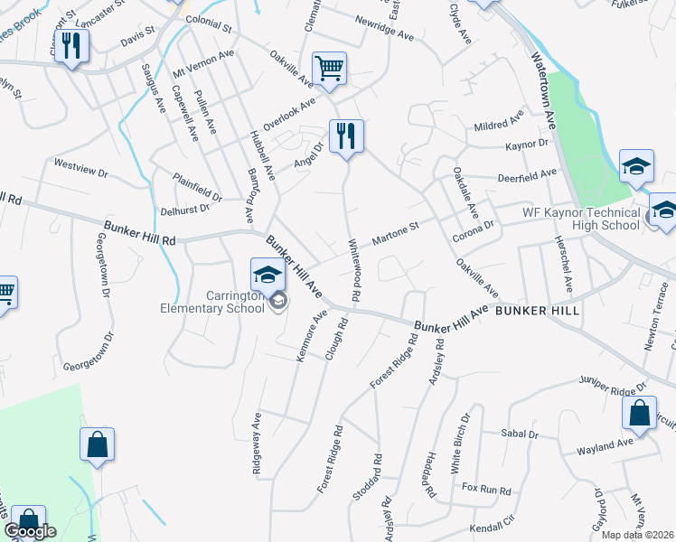 map of restaurants, bars, coffee shops, grocery stores, and more near 32 Fricent Street in Waterbury