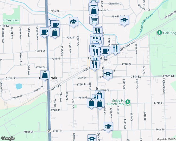 map of restaurants, bars, coffee shops, grocery stores, and more near 17438 68th Court in Tinley Park