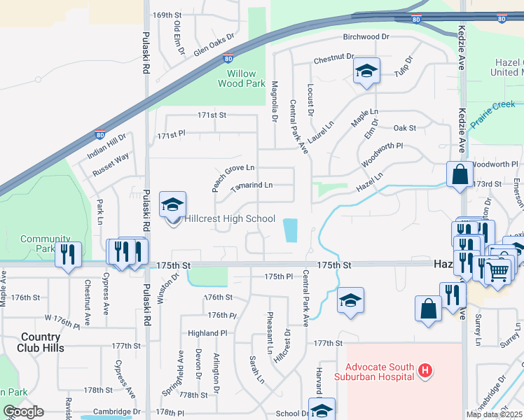 map of restaurants, bars, coffee shops, grocery stores, and more near 17303 Apple Tree Drive in Hazel Crest