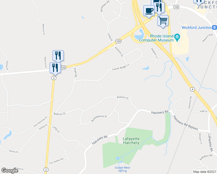 map of restaurants, bars, coffee shops, grocery stores, and more near 40 Tamarack Circle in North Kingstown