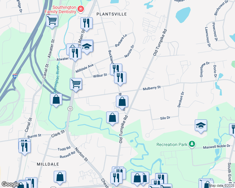 map of restaurants, bars, coffee shops, grocery stores, and more near 357 Buckland Street in Southington