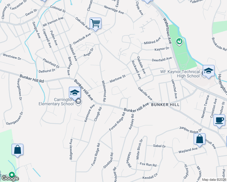 map of restaurants, bars, coffee shops, grocery stores, and more near 54 Sunnybrook Bend in Waterbury