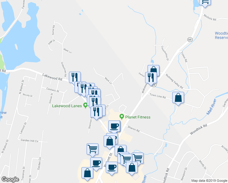map of restaurants, bars, coffee shops, grocery stores, and more near 123 Mark Lane in Waterbury