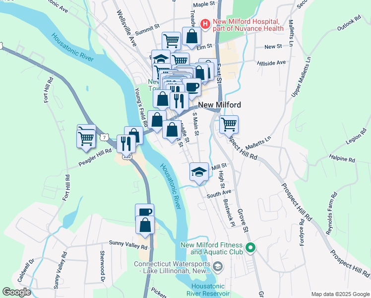 map of restaurants, bars, coffee shops, grocery stores, and more near 45 West Street in New Milford