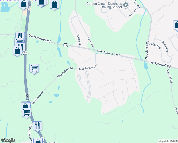 map of restaurants, bars, coffee shops, grocery stores, and more near 7 Scarborough Lane in Wappingers Falls