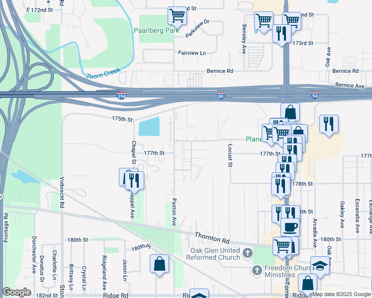 map of restaurants, bars, coffee shops, grocery stores, and more near 21080 177th Street in Lansing