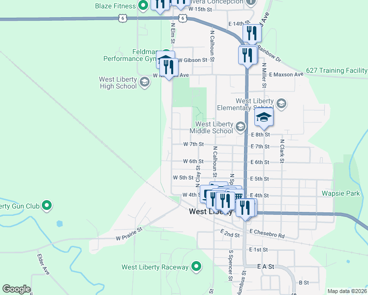 map of restaurants, bars, coffee shops, grocery stores, and more near 216 West 7th Street in West Liberty