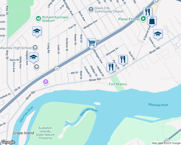map of restaurants, bars, coffee shops, grocery stores, and more near 718 Colwell Street in Maumee